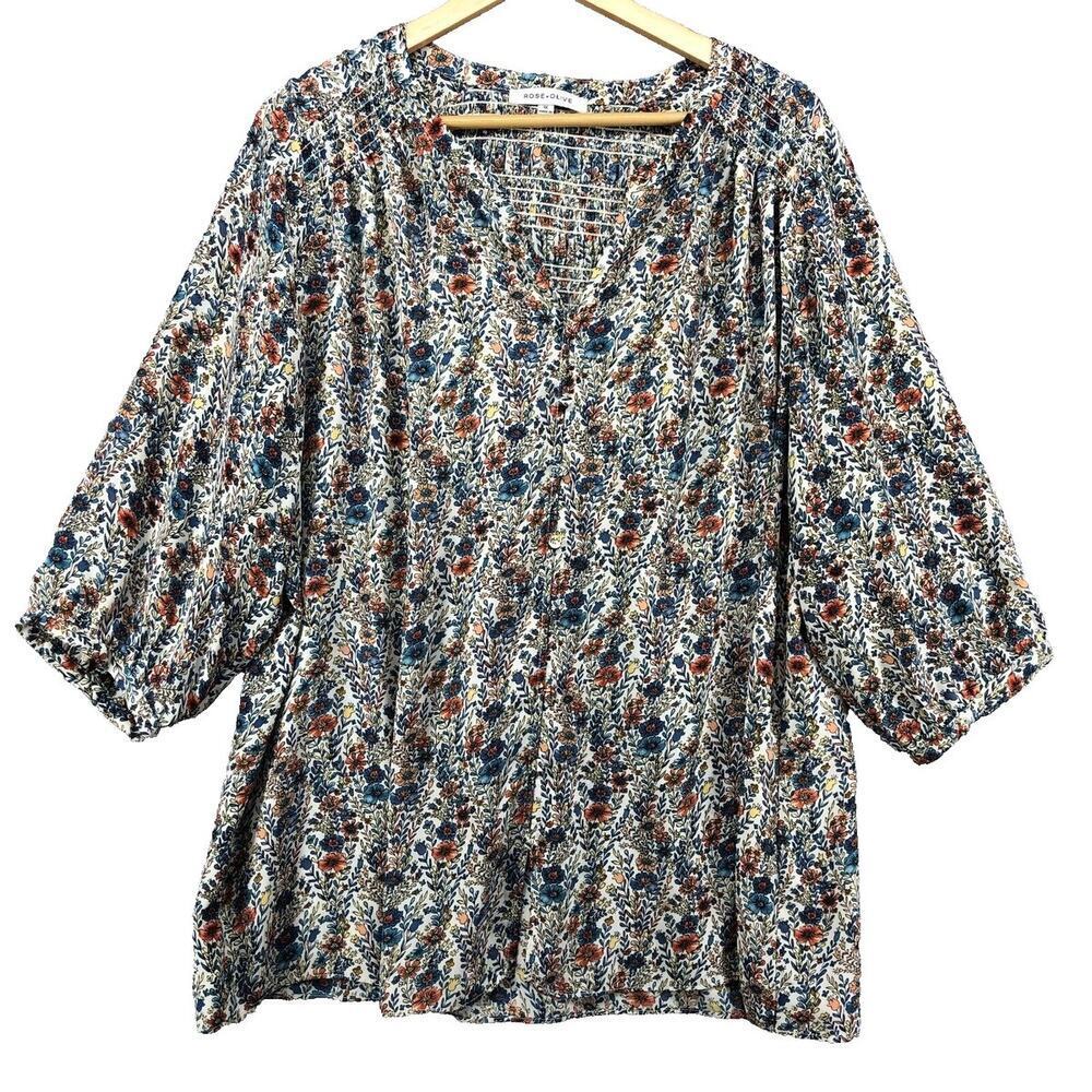 Rose + Olive Artsy Boho Peasant Flowy Resort Tunic Top Floral Mature Womens 1x